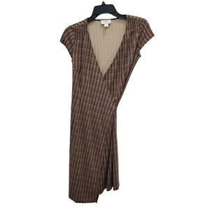 Ann Taylor LOFT Women's Brown Tan Retro 70s Chain Link‎ Print Wrap Midi Dress 0